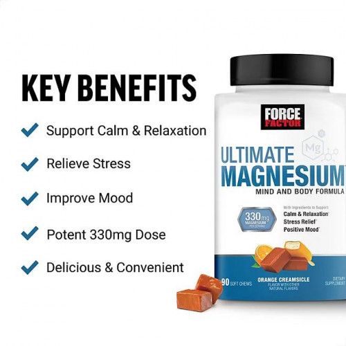 Suplemento Vitamínico Ultimate Magnesium- Marca Force Factor- Sabor Laranja (90 gomas)